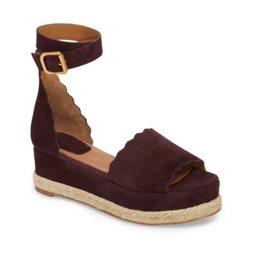 CHLOE Brown Scallop Suede Jute Platform Ankle Strap Sandals Shoes EU 39 US 8.5